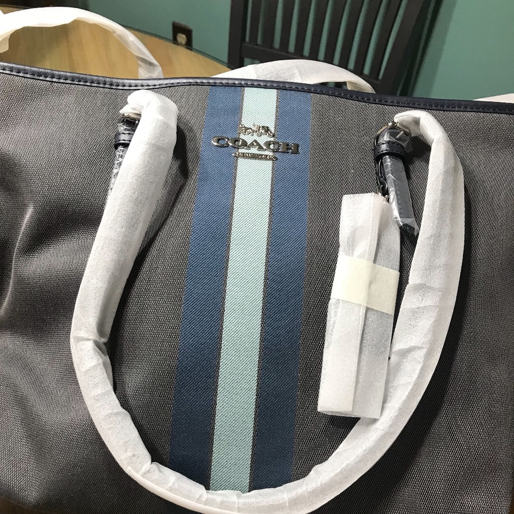 Brand New Coach Stripe CanvasTote Gray
